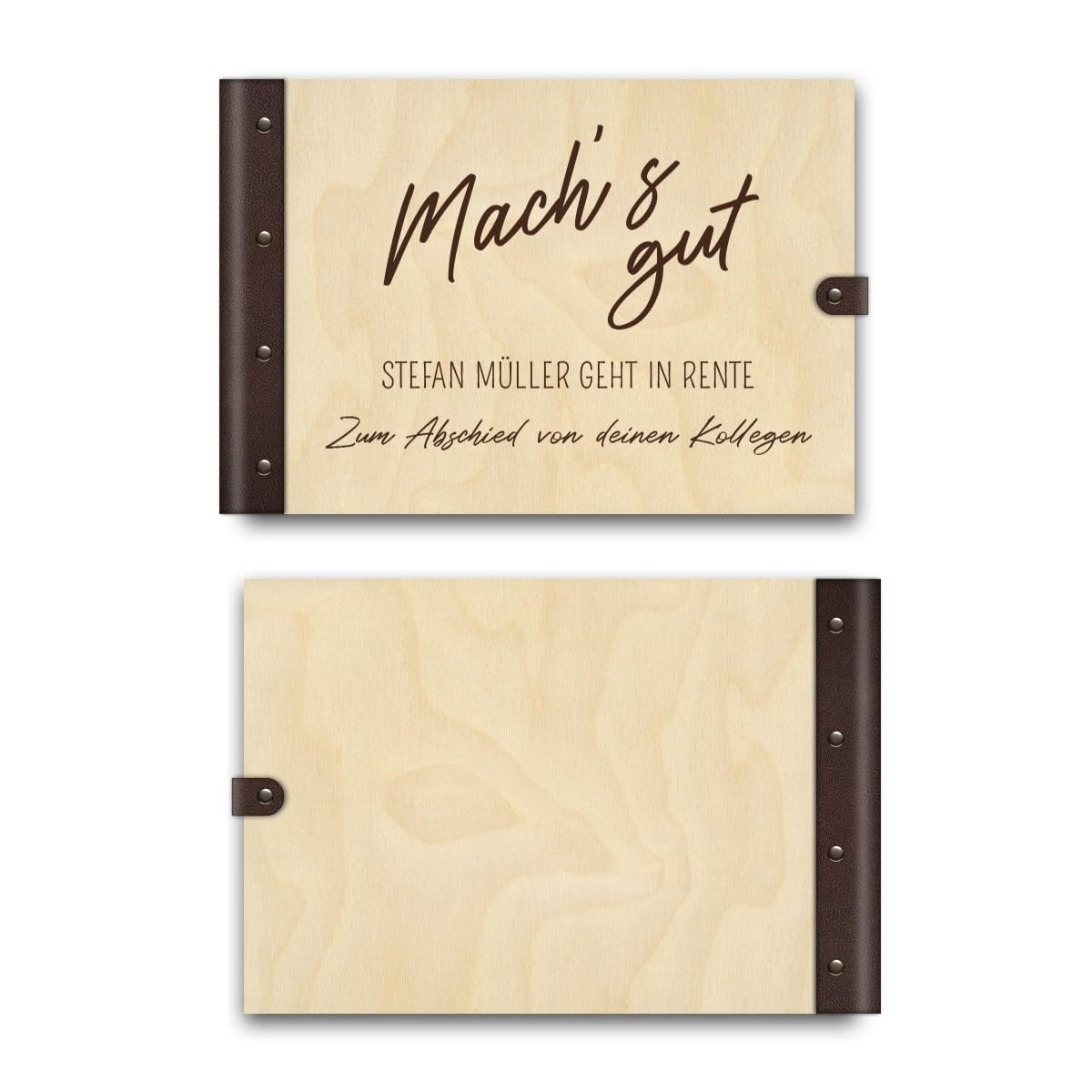 Personalisiertes Abschied Gästebuch echtes Holz DIN A4 Rente Erinnerungsbuch mit Lasergravur - Machs Gut - mit 72 Blatt / 144 Seiten Naturpapier Weiß