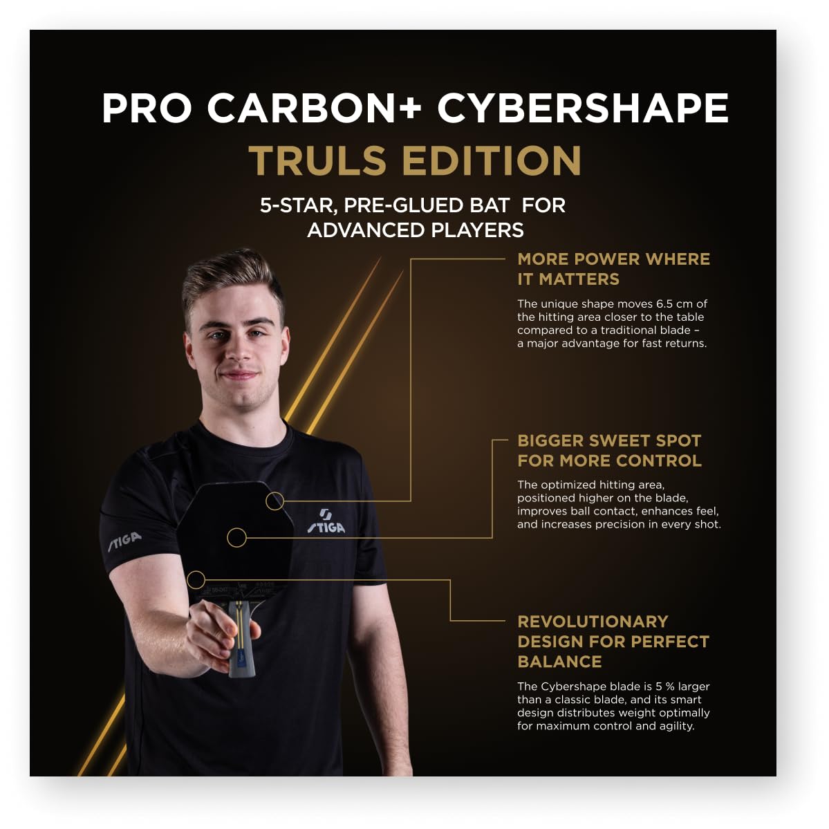 STIGA Pro Carbon Plus Cybershape Truls Edition Pala de Tenis de Mesa, 5 Estrellas; Sweet Spot Optimizado más Grande, Touch Carbon Technology, Goma STAR5 Aprobada por la ITTF, para Jugadores Ofensivos