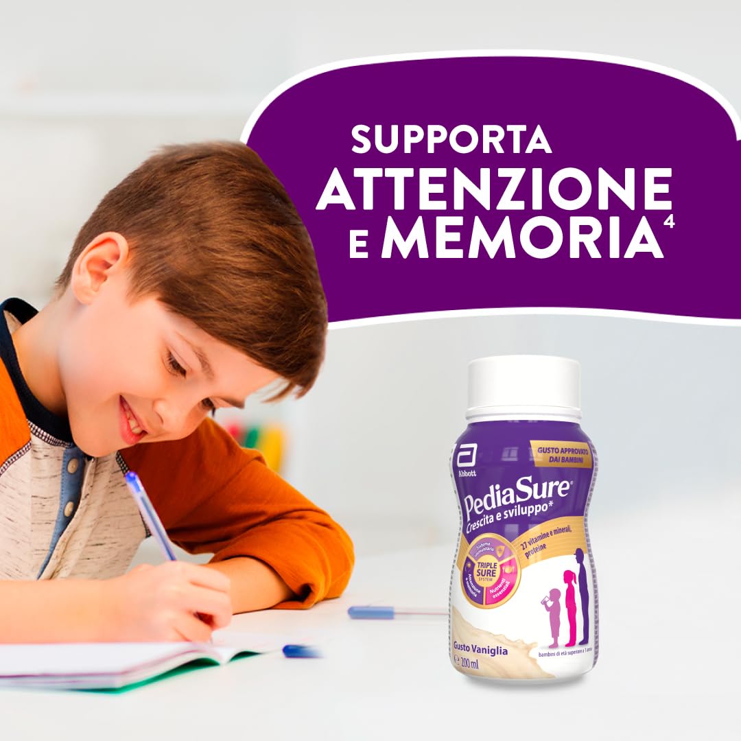 Pediasure Crescita e Sviluppo Drink, Integratore Bambini con Vitamine, Minerali, Proteine, per Difese Immunitarie, Concentrazione e Memoria, Formato Liquido 200 ml x 4 Pronto da Bere | Gusto Vaniglia