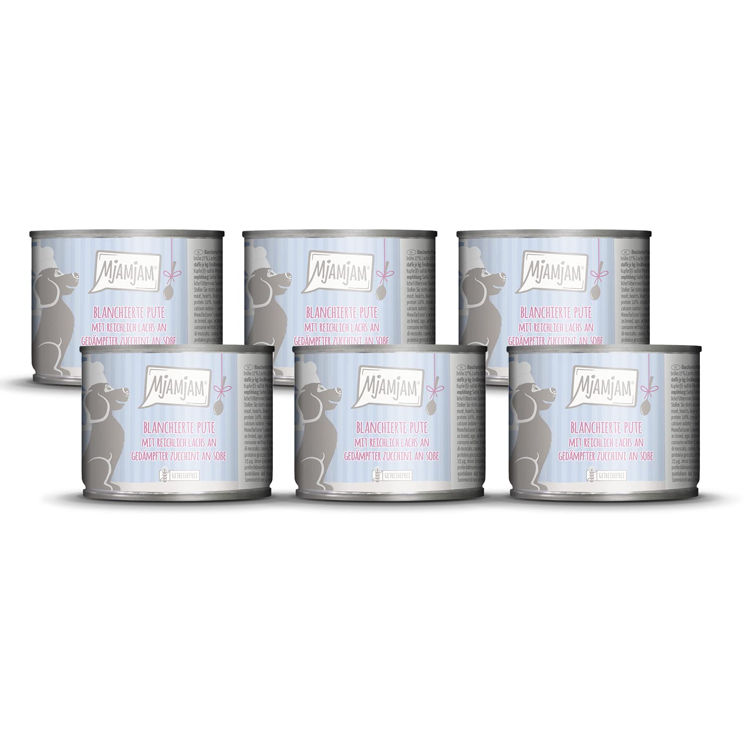 MjAMjAM - comida húmeda premium para perros - Pavo escaldado con abundante salmón sobre calabacín al vapor en salsa, pack de 6 (6 x 185g), natural con extra de carne