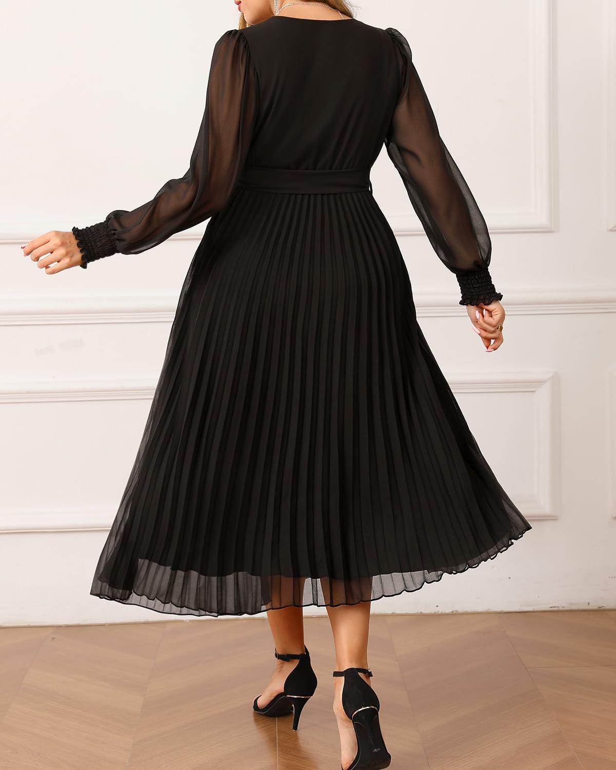 Pinup Fashion Plus Size Dresses Wedding Guest - Fall Semi Formal Long Sleeve Elegant Pleated Midi Dress - Image 2