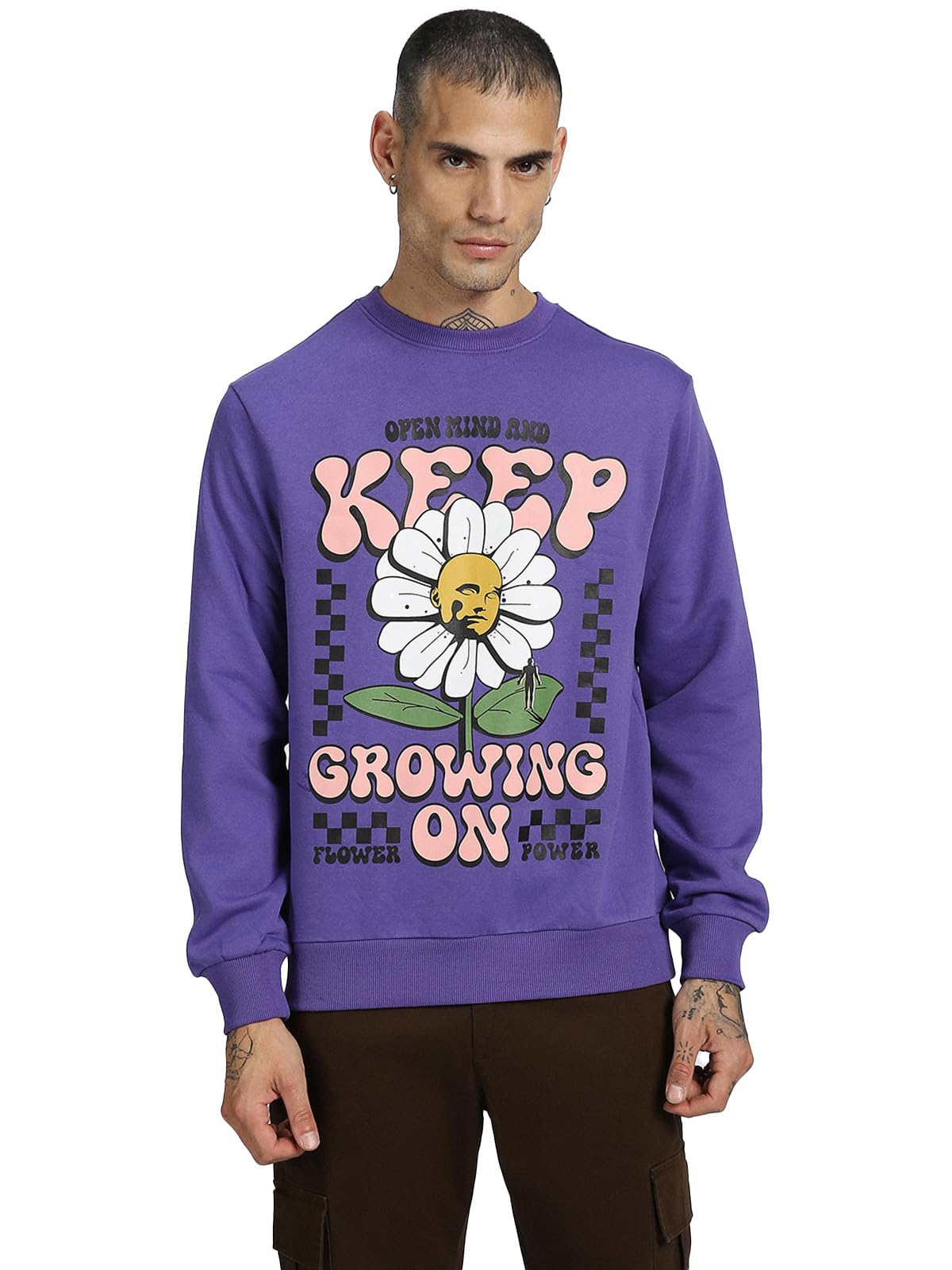 Cotton Poly Fleece Regular Fit Purple & Green Keep Growing On Graphic Print Full Sleeve Sweatshirt with Ribbed Neck for Men-image-37