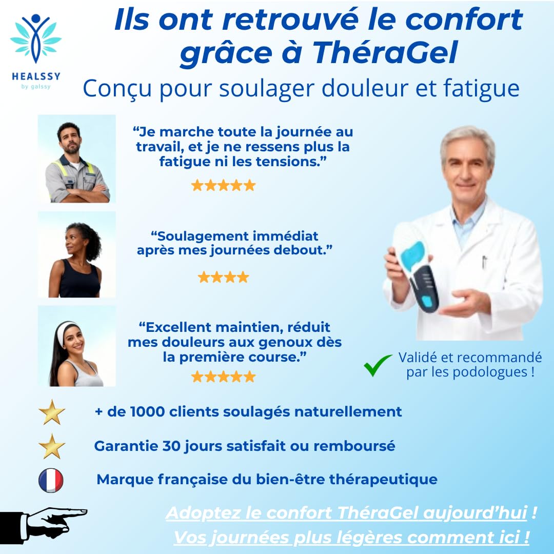 Semelles Orthopédiques ThéraGel – Confort & Maintien Plantaire Premium • Technologie GelThermo • Soulage Douleurs Pieds, Talons & Dos • Respiration Active • Ajustables, Lavables, Réutilisables