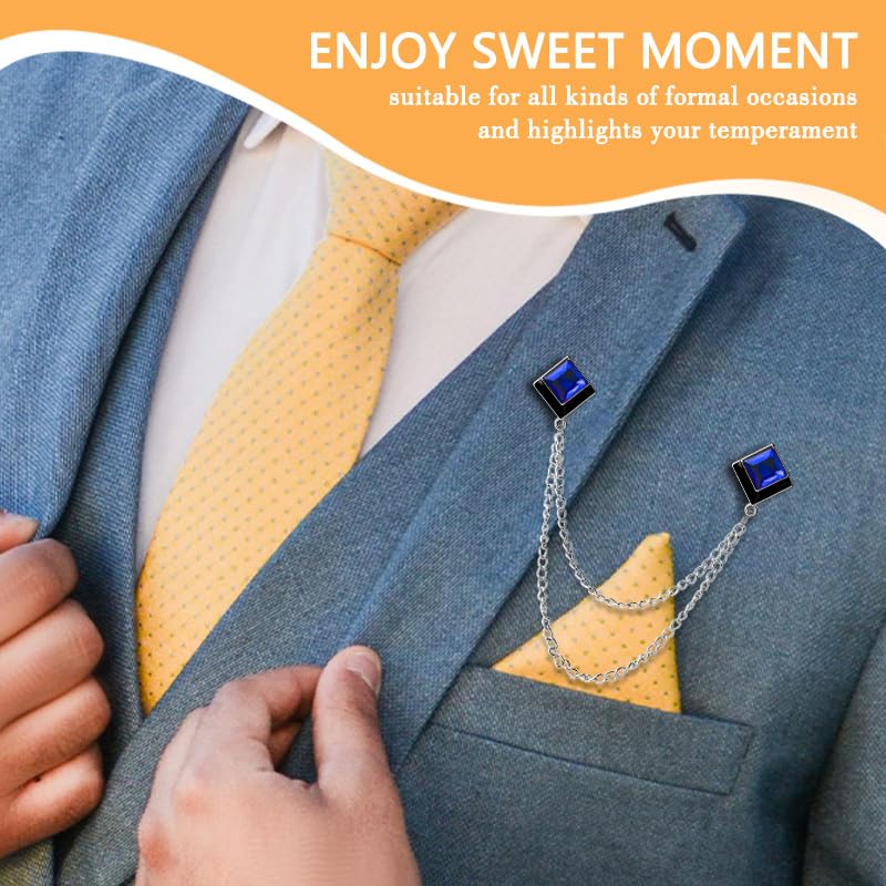 Image of Gem Brooch Pins Hanging Chain Lapel Pin for Men Suits Shirt Collar Brooch Square Crystal Brooch Pin Rhinestone Lapel Pins for Men Tassel Chain Brooch Collar Pins Business Suit Shirt Accessories