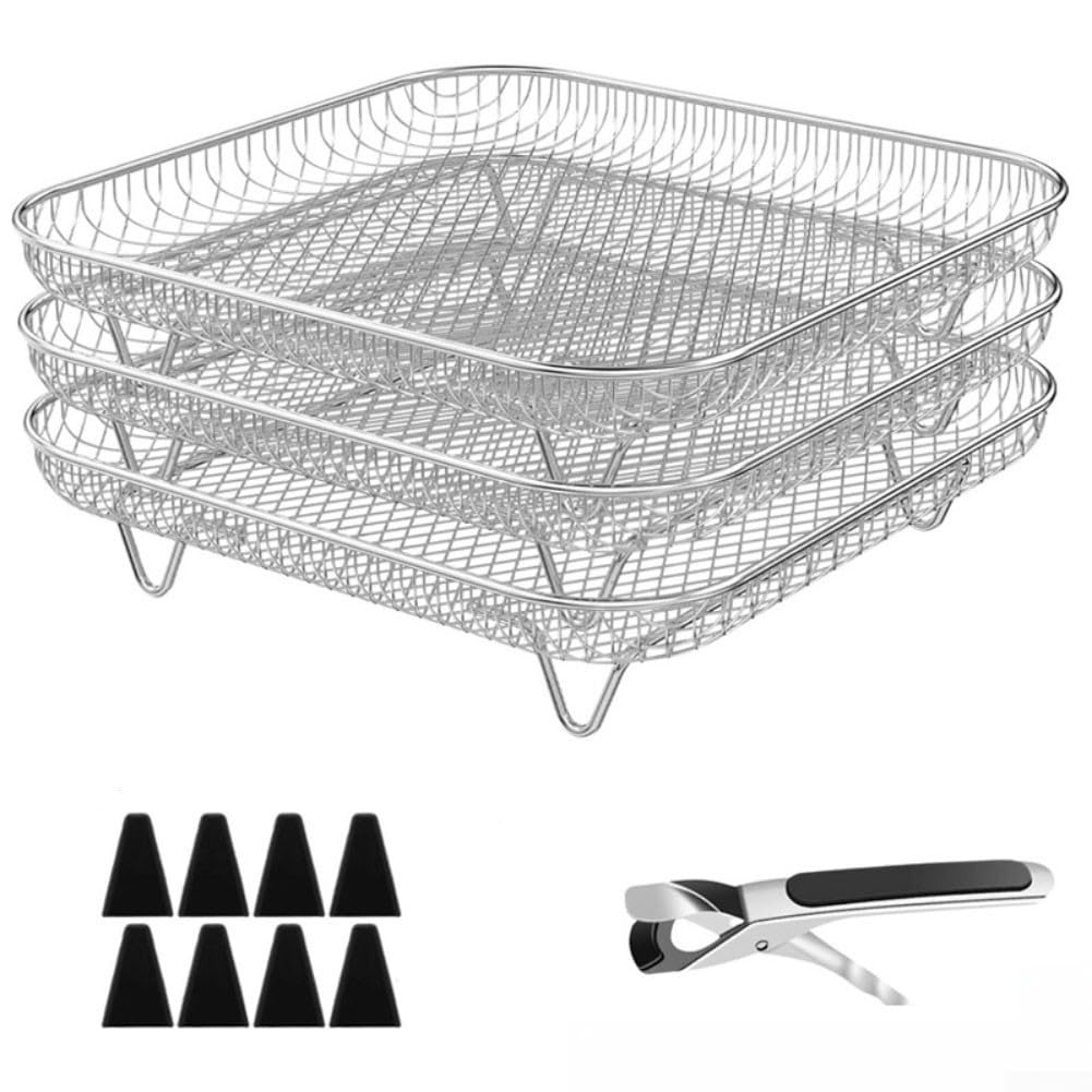 HavenlyCove 3-Tier Air Fryer Rack, Stackable Stainless Steel Cooking Stand with Tongs, Dehydrator Shelf for 8-Inch Baskets, Silver