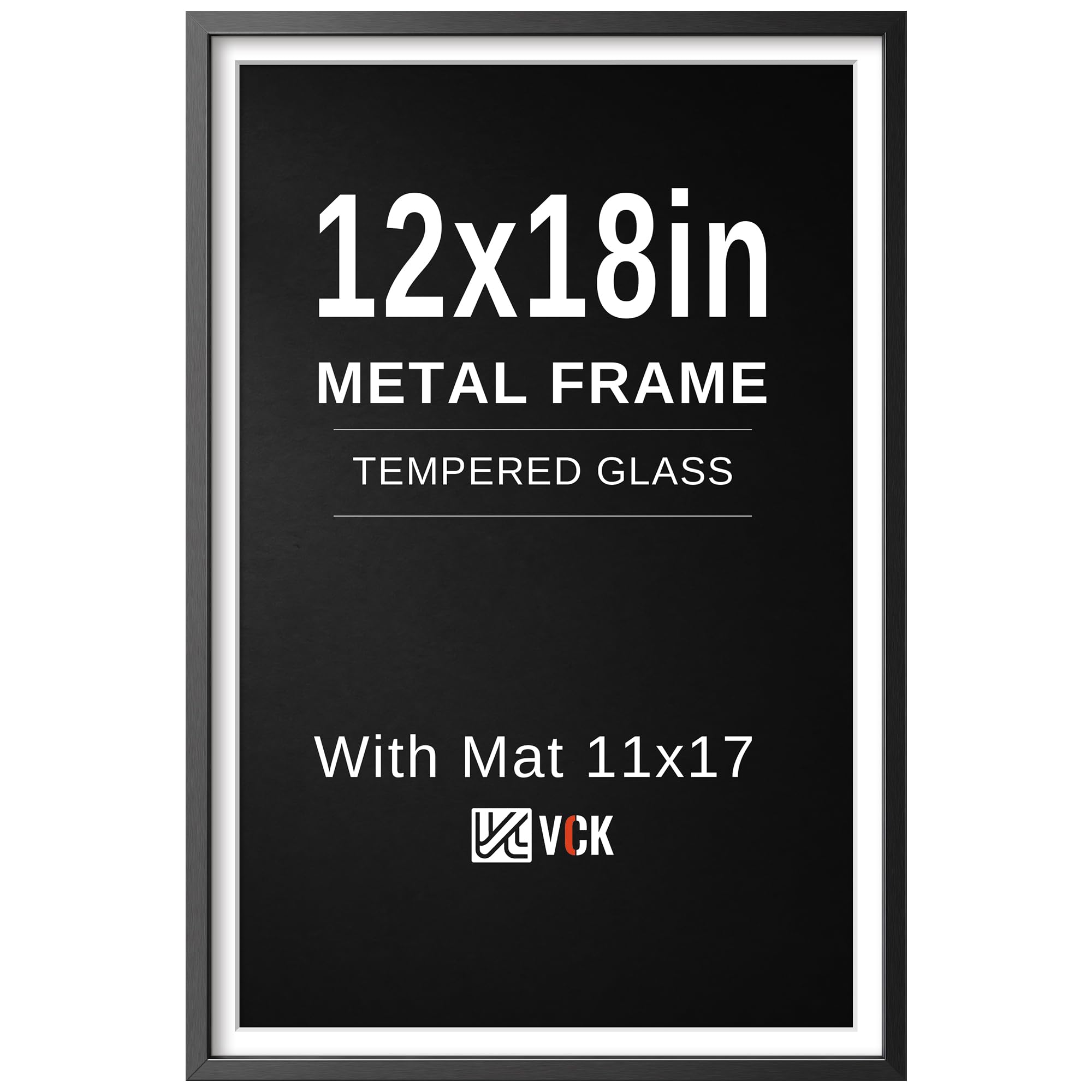 VCK 12x18 Poster Frame Black Metal, Real Glass, 11x17 Mat, for Picture