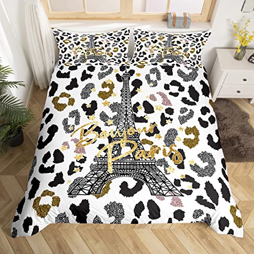 Feelyou Eiffel Tower Duvet Cover Set Leopard Print Bedding Set For Kids Boys Girls Paris Tower Comforter Cover Cheetah Print Quilt Cover 1 Duvet Cover With 1 Pillowcase Twin Size #TOP2