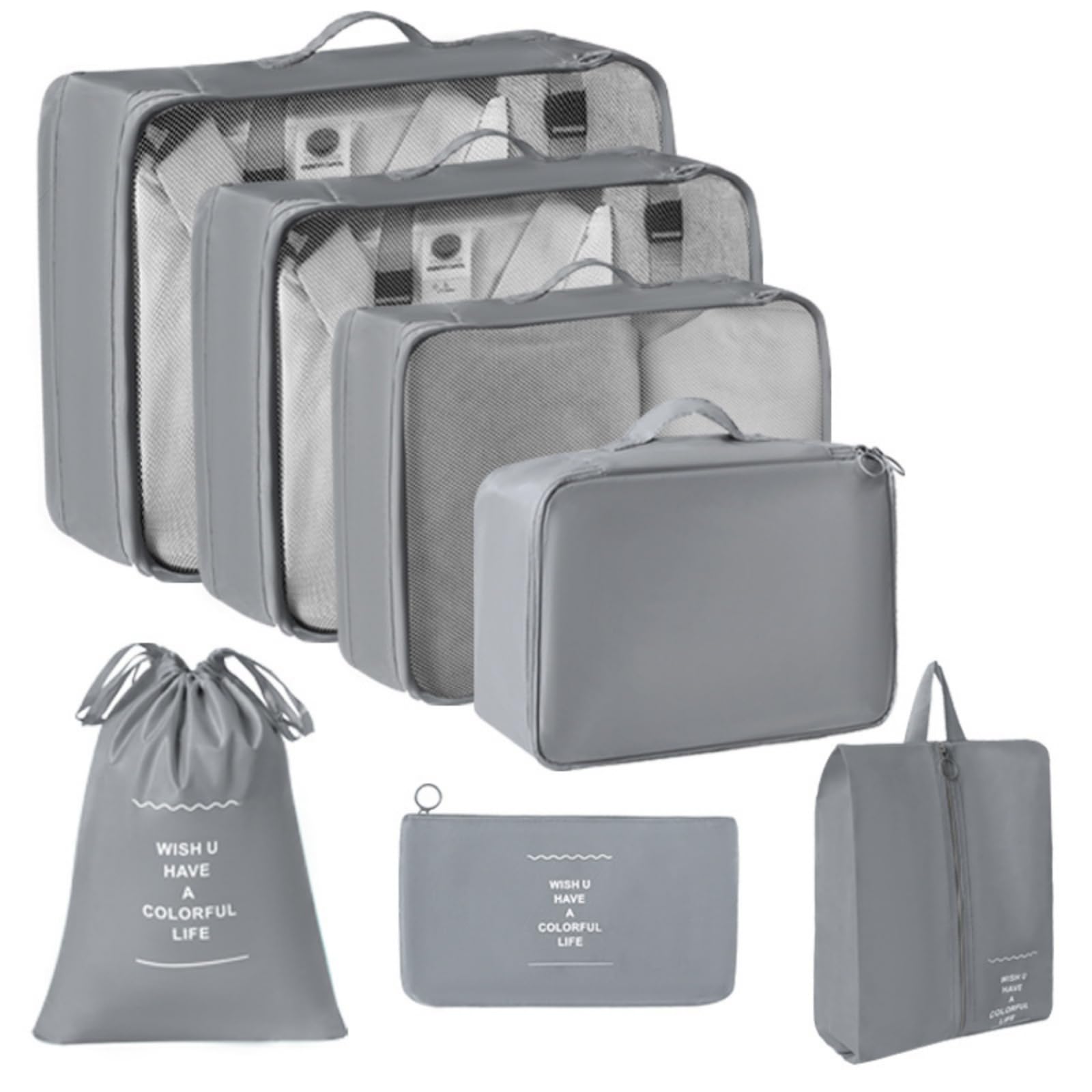 Packing Cubes for Suitcases, 7 pcs Waterproof Travel Storage Bags for Luggage, Multifunctional Organizers for Clothes, Shoes, And Toiletries (Gray)