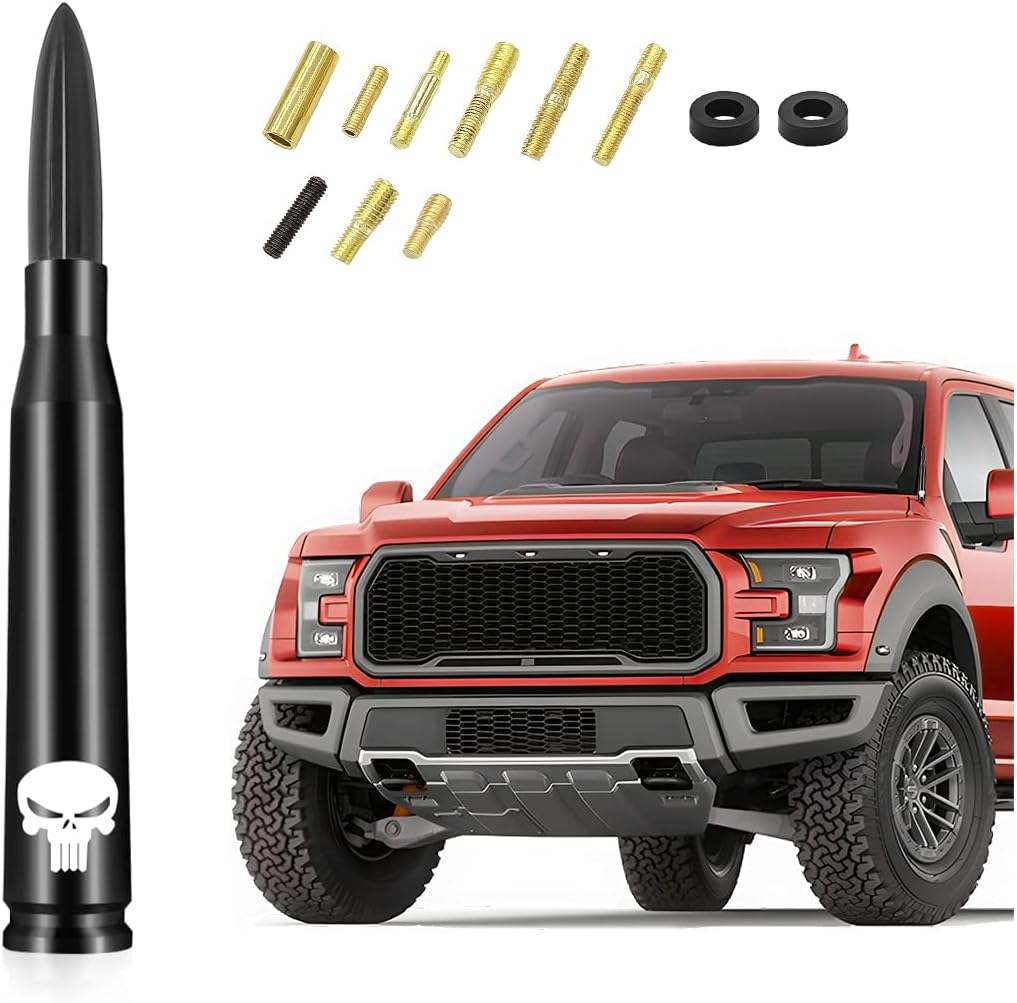 Car Truck Bullet Antenna, 5.5"x0.8" Replacement Short Antenna Mast with Screws Adapter, Skull Design AM/FM Radio Antenna, Automobile Exterior Accessories for Pickup, SUV, Vehicles (Black)