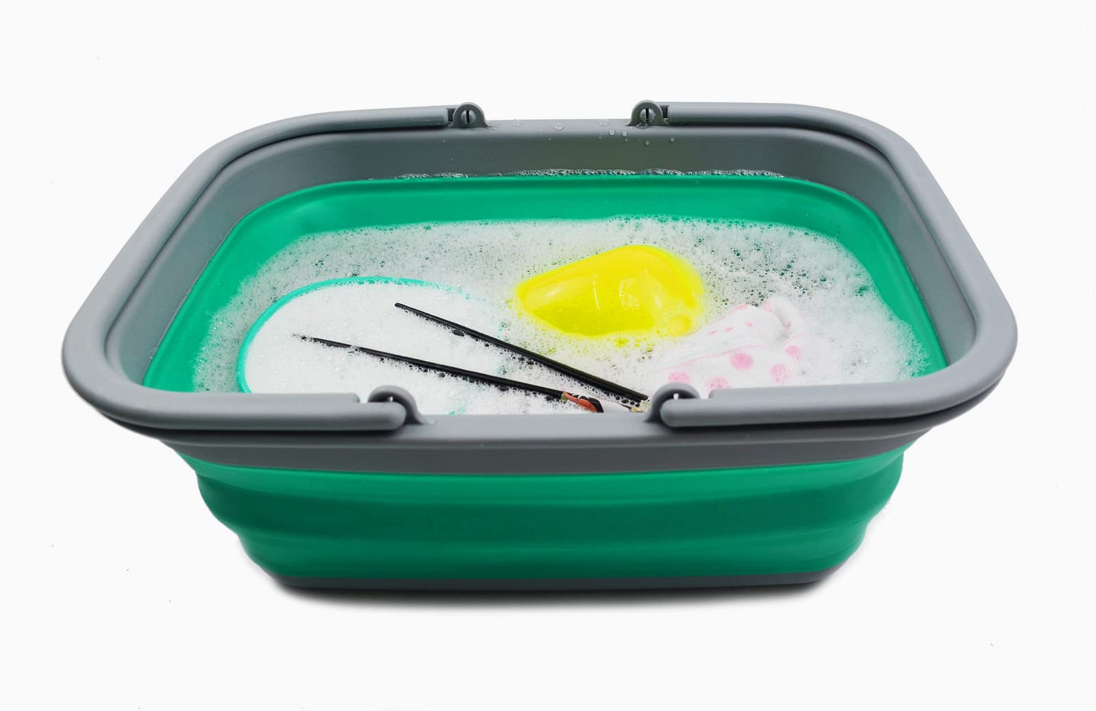 SAMMART Bacinella pieghevole da 9,2 l con manico, cestino portatile da picnic all'aperto, borsa per la spesa pieghevole, contenitore salvaspazio (1, grigio/bluastro-verde)