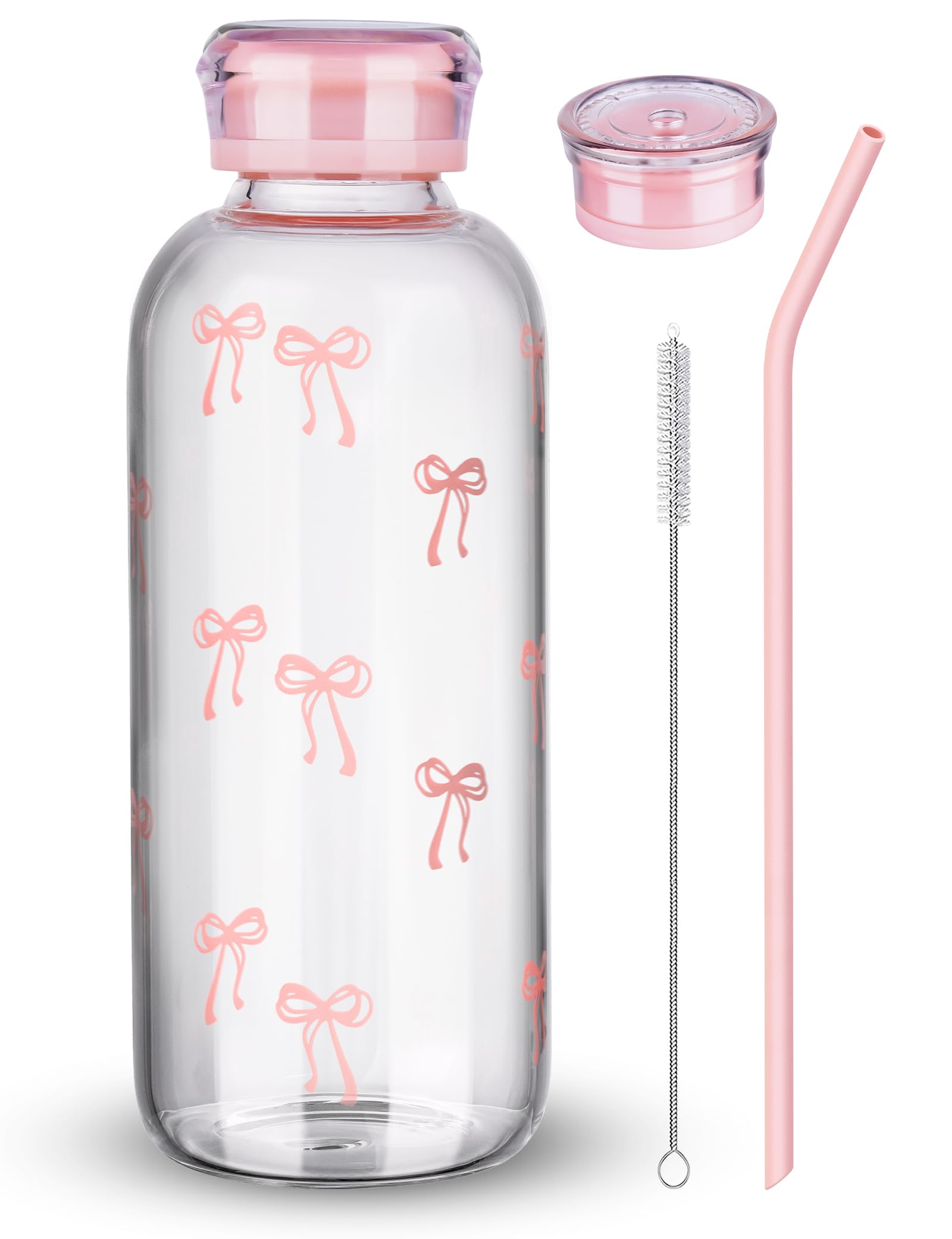 NiHome Trinkflasche Glas 750ml, Auslaufsicher, mit Strohhalm, Büro, Rosa | Borosilikatglas für heiße und kalte Getränke -20 bis 150°C, 2 Deckel und Reinigungsbürste inklusive