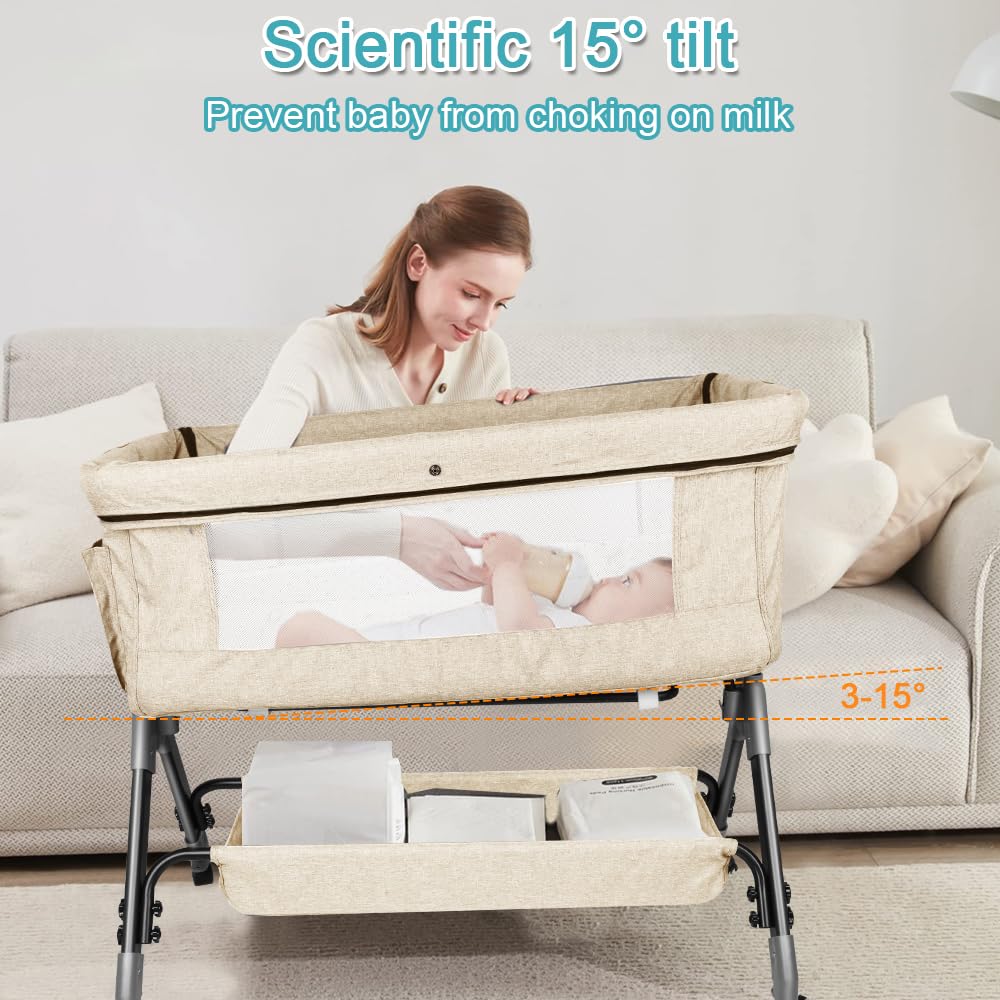 OHMG 3 en 1 Berceau Cododo pour Bébé Réglable avec Matelas Moelleux et Moustiquaire 4 Roues, 1-36 Mois (Blanc de Riz 104x52x103-115cm)