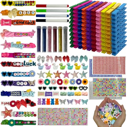 Cheer Pins Spirit Clips 100 Pack Multicolor Wooden Clips with Mini Bows Duck Charms & Self-Adhesive Glitter for DIY Cheer Accessories Schoolbag Decor Team Crafts Gifts (100 PCS Multicolored)