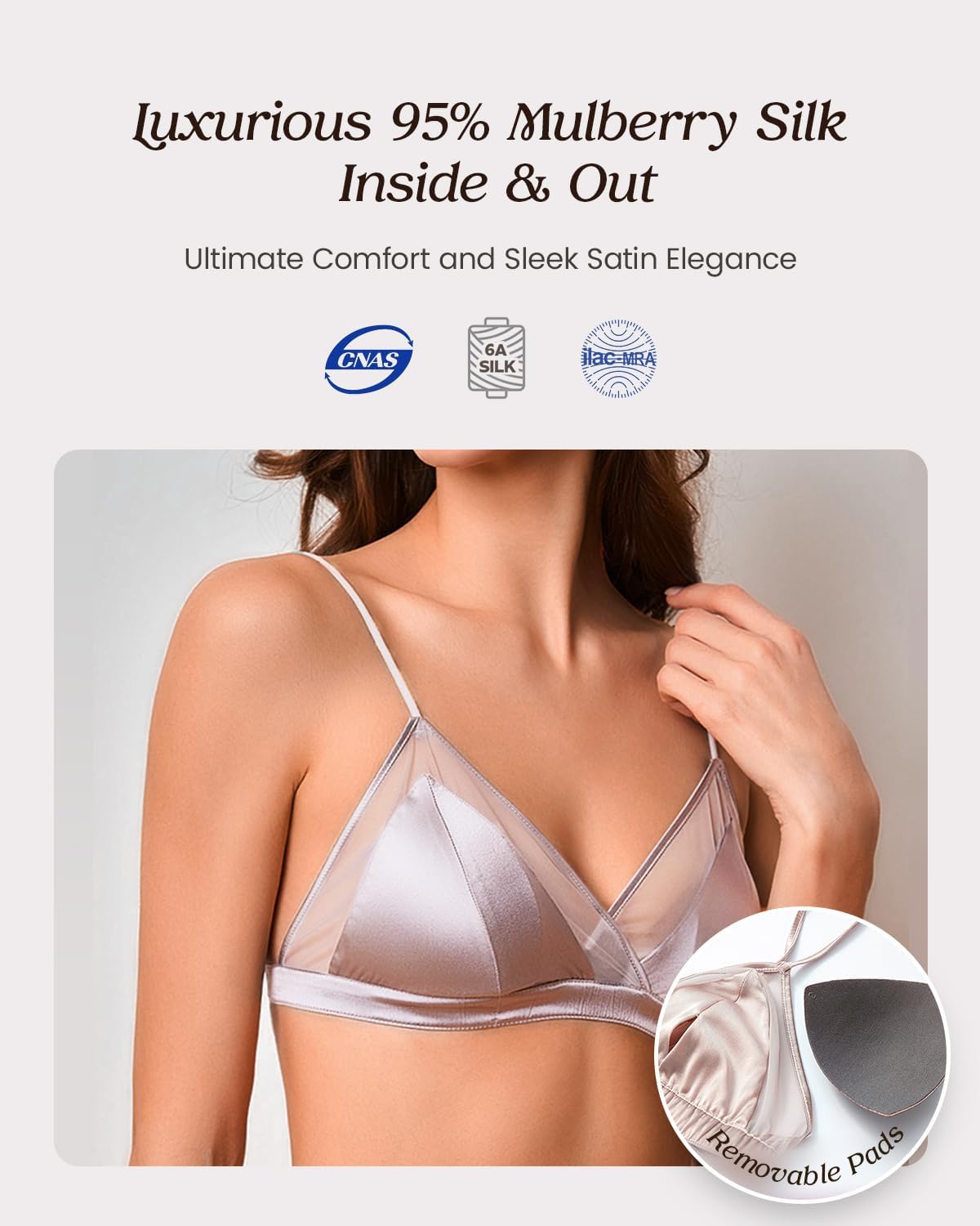 Real Mulberry Silk Satin Lace Triangle Bralette with Removable Pad, Soft Cup Wireless Bra for Women - Image 2