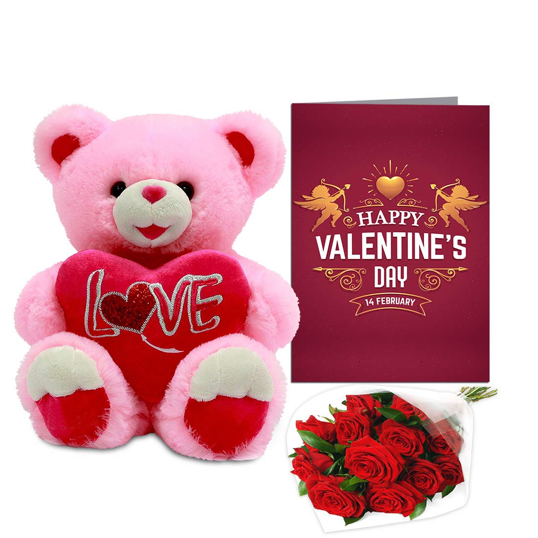 Aart Store for Girl Friend, Boyfriend, Husband, Wife (Teddy Bear, Artificial Rose & Valentine Day Card)