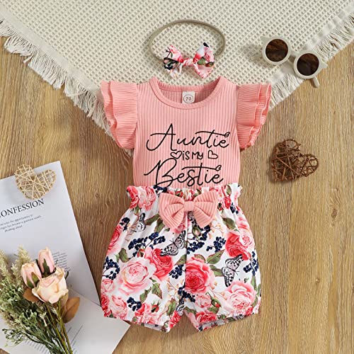 Mlagjss Toddlers Rib Frill Clothing Sets Baby Girls 3Pcs Paisley Solid Short Sleeve Romper And Shorts With Headband (Zhj11-Pink,9-12 Months) #TOP2