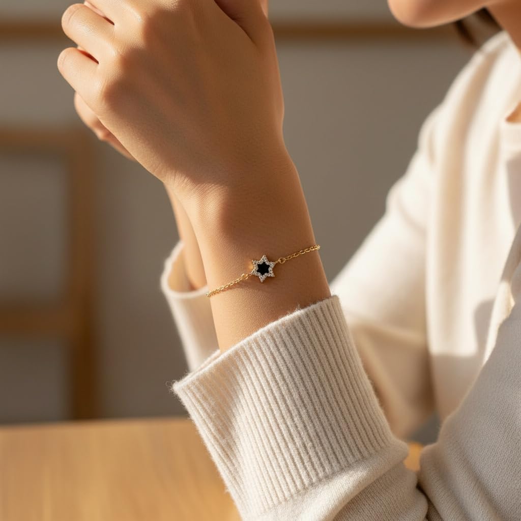 14K Gold Plated Star Of David Women Bracelet Onyx Style Stone – Jewish Symbol Pendant from Israel – Elegant Hebrew With Cubic Zirconia Dainty Religious Jewish Jewelry Gift - Image 3