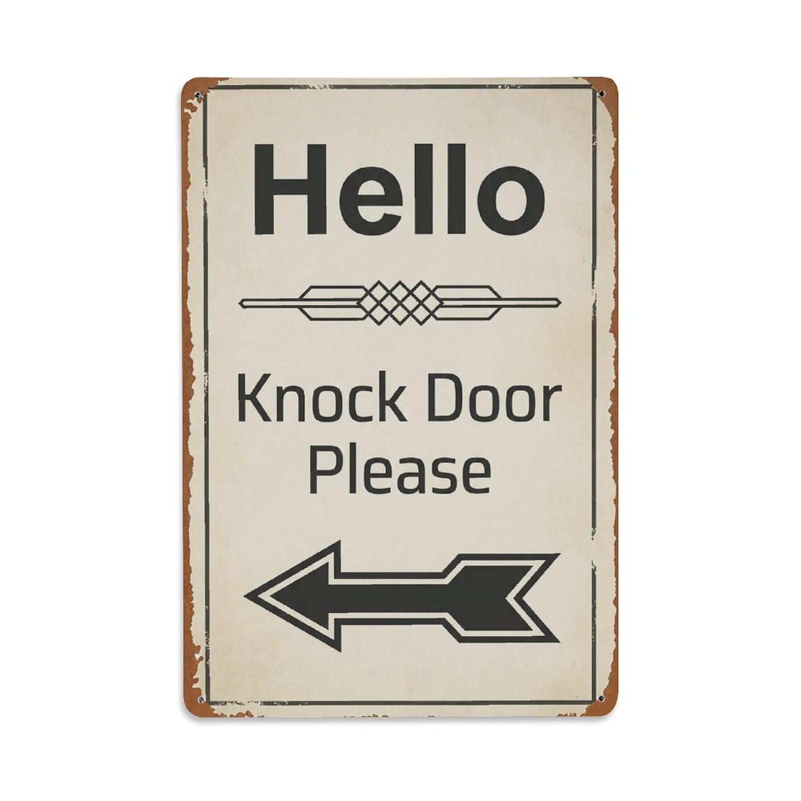 Vintage Hello Knock Door Please Arrow Geometric Metal Tin Sign