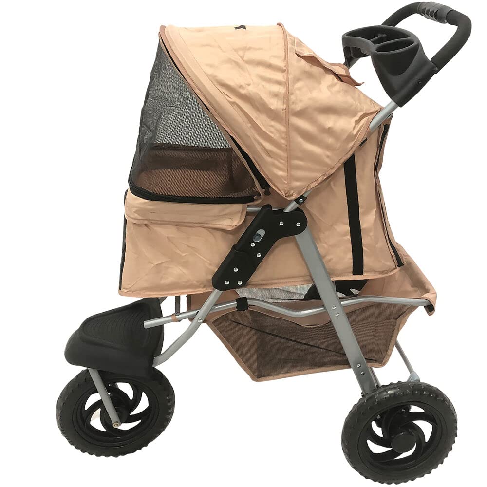 CRITTER SITTERS Pet Stroller with Storage Basket | Single Carriage Carrier for Animals up to 55 lbs | 3-Wheel | Travel and Transportation for Cats, Small/Medium Dogs | Tan
