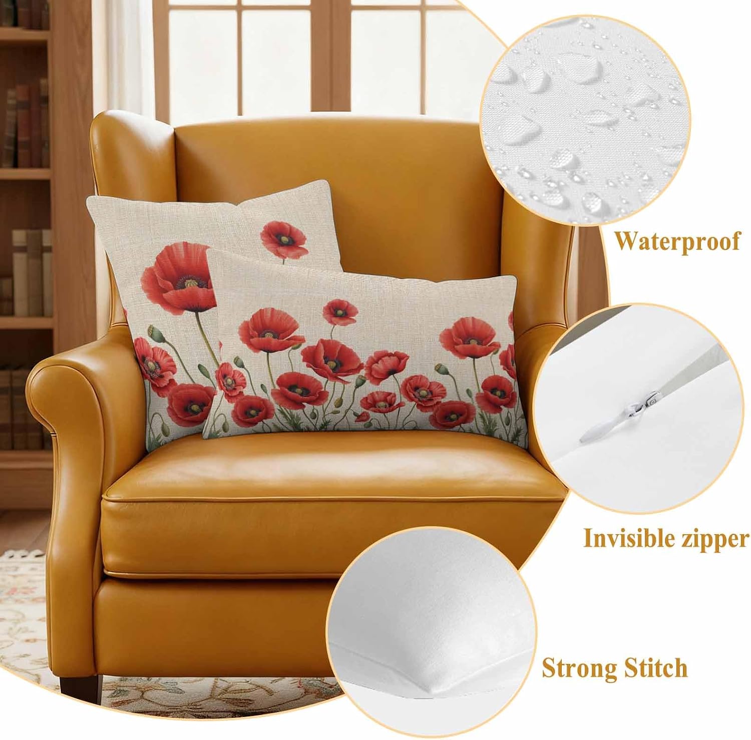 Flowers Outdoor Waterproof Throw Pillow Covers 18"x18" Set of 2, Red Opium Poppy Flowers Vintage Linen Decorative Garden Pillowcase with Zipper Cushion Case for Patio Couch Tent