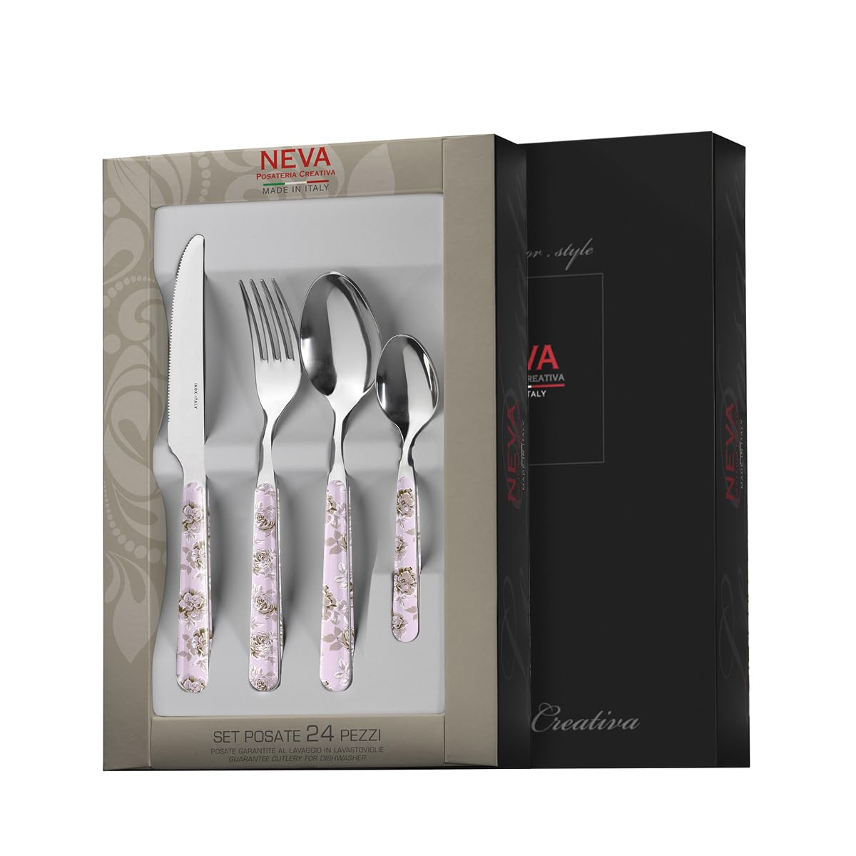 NEVA | BISTROT Roses Retro Collection, zestaw 24 sztućców, zestaw sztućców ze stali nierdzewnej, pranie w zmywarce, nieusualna dekoracja, liliowy