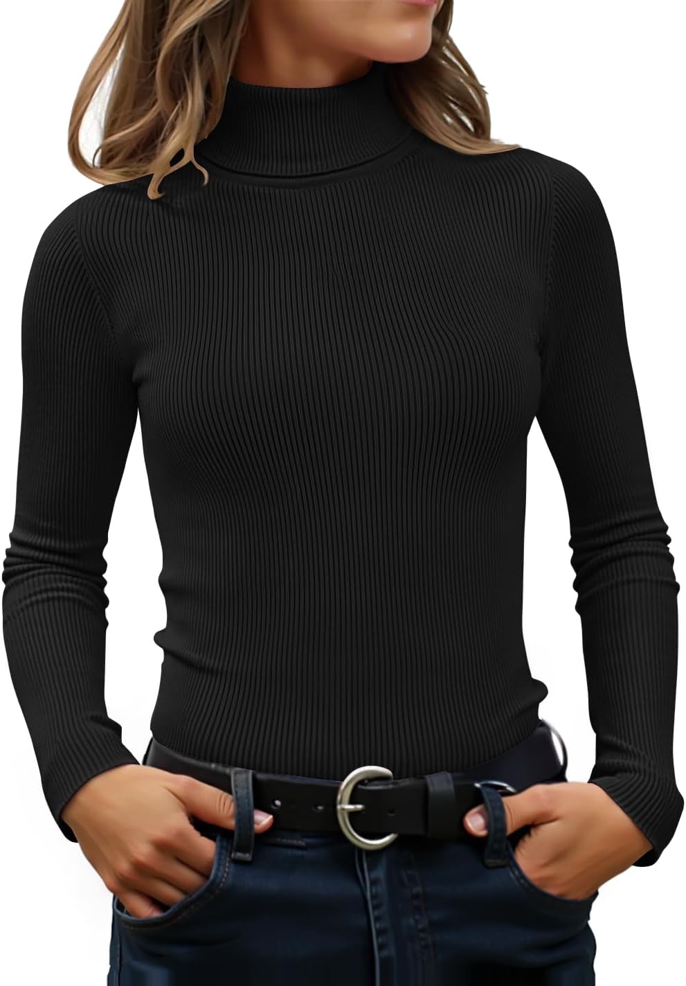 ZESICA Women's Turtleneck Long Sleeve Shirts 2026 Spring Trendy Tops Slim Fitted Ribbed Knit Basic Casual Sweater