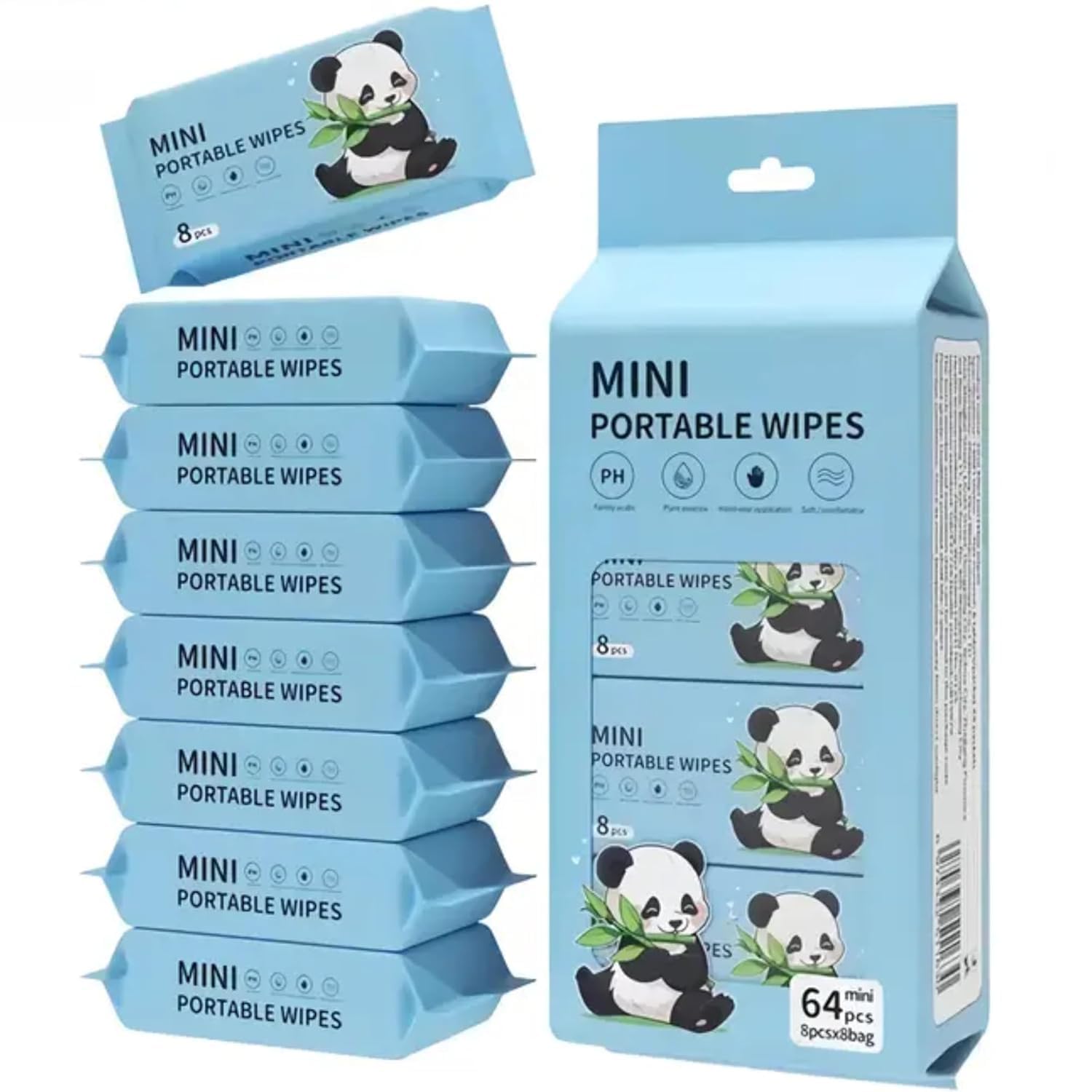 Mini Portable Wet Wipes, Panda Theme, Travel Pack, 8 Pcs per Bag, 64 Pcs Total, 8 Bags Included-image-47