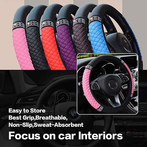 Miniatura 3 de Funda de cuero brillante para volante de automóvil de 15 pulgadas con diamantes de cristal coloridos, protector universal antideslizante y elástico