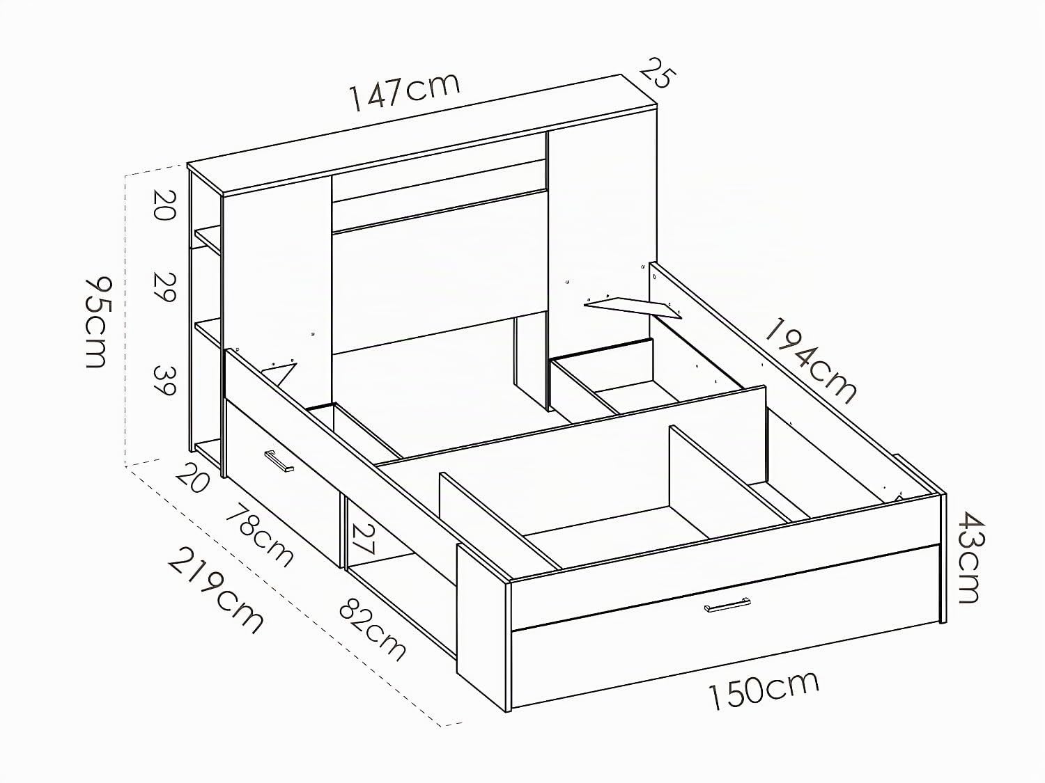 DEKIT GRUPO RIMOBEL LANKA - Cama de matrimonio con almacenaje en cabecero y bajo cama - Blanco - 95x149x218 cm