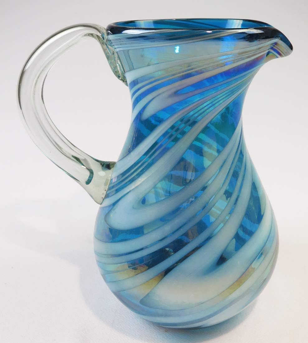 Hand Blown Mexican Glass Pitcher, Turquoise White Iridescent Swirl Design, 2 quarts