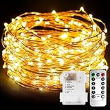 Lichterkette Batterie 10M 100 LED Wasserdicht Lichterkette mit Fernbedienung und Timer, 8 Modi Kupferdraht Led Lichterketten für Drinnen und Draußen, Party, Weihnachten, Hochzeit Deko(Warmes Gelb)