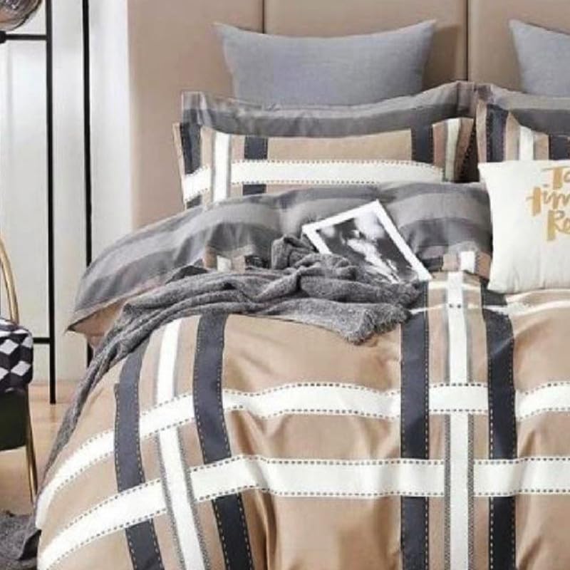 Image of Polycotton Single Bed Bedsheet, Flat Sheet with 1 Pillow Cover, Queen (60x90 inch), 300 TC, Grey & Cream, Set of 2
