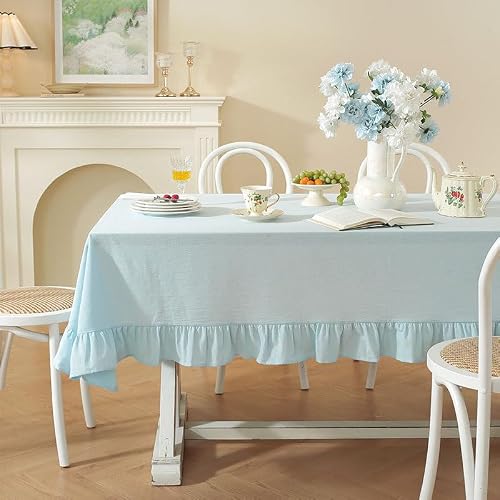 HAIRUO Cotton Solid Color Tablecloth Farmhouse Dining Light Blue Tables Cover, Soft Fabric Rectangle Ruffle Table Cloths for Wedding Party Kitchen Picnic Tabletop,Light Blue,70X55 Inch