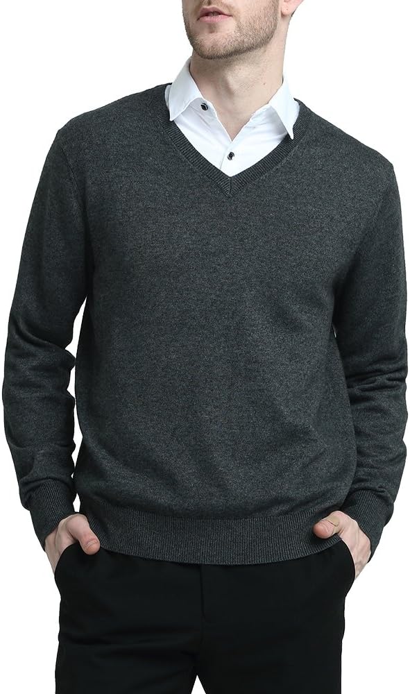 Men’s Cashmere Wool Blend Relaxed Fit V Neck Pullover Sweater