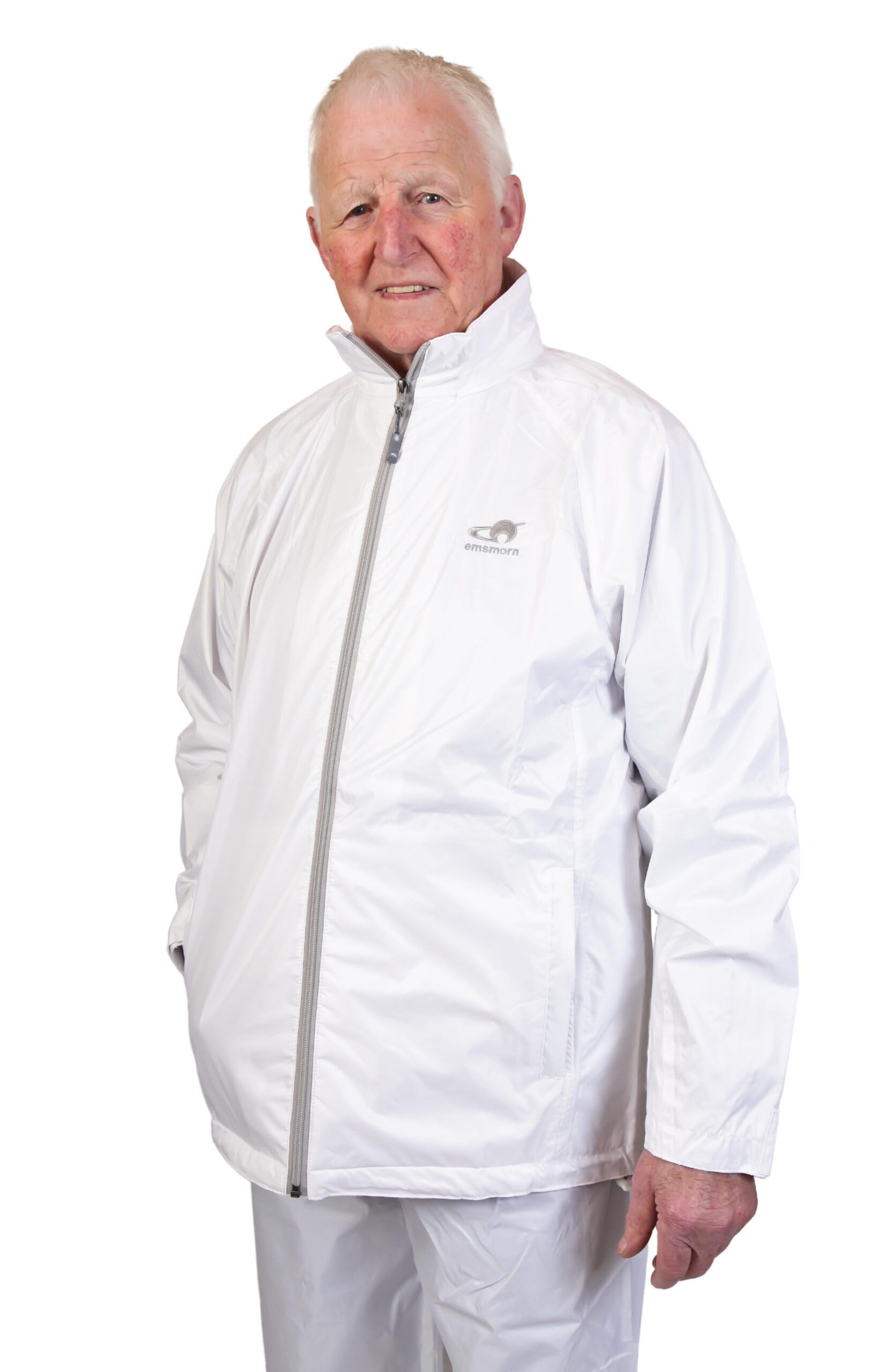 Emsmorn Men's Drilite Waterproof Lawn Bowling Jacket, White, Polyester with Teflon Coating, Breathable, Taped Seams. (White, S)
