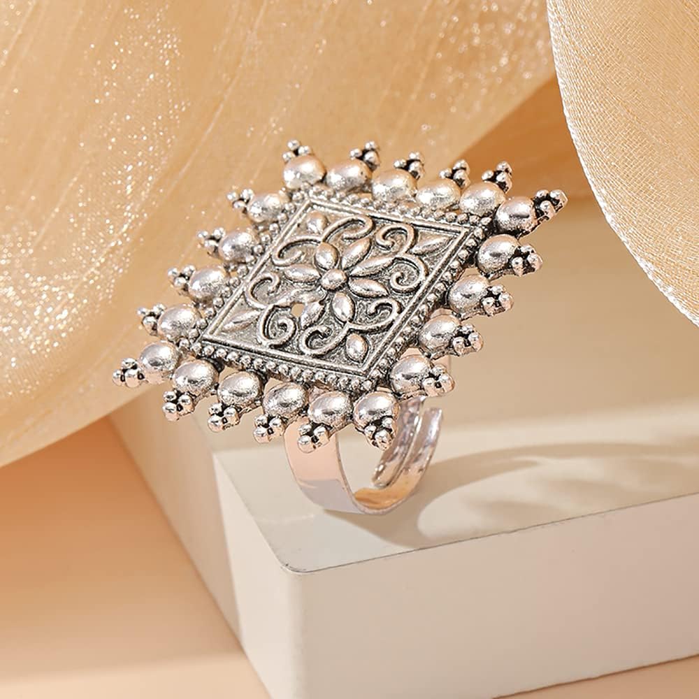 Hebelee Boho Vintage Square Flower Statement Ring for Women Girls White Gold-Toned Engrave Flowers Geometric Rings Comfort Fit Dainty Birthday Christmas Party Jewelry Size 6-8