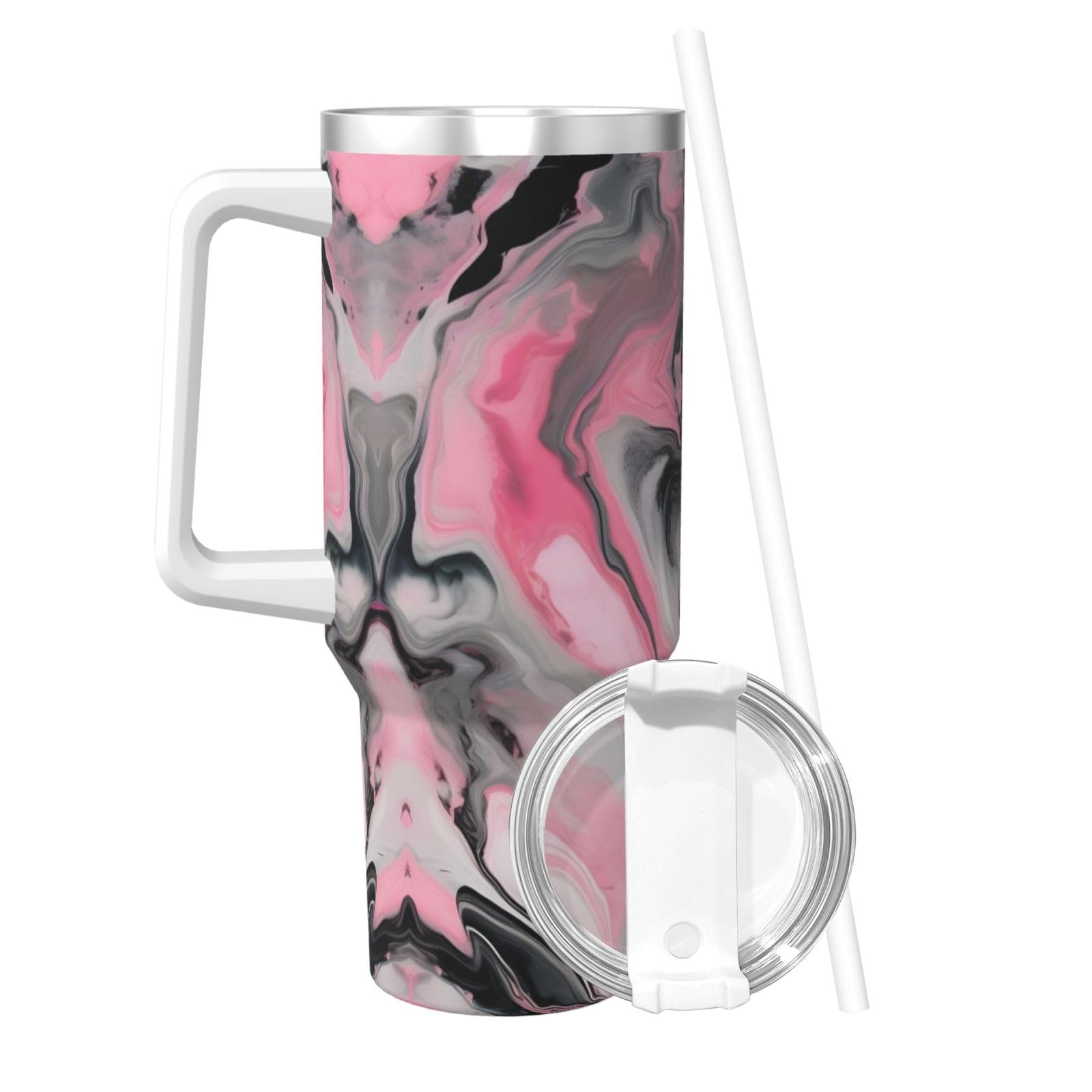 Wasserflasche aus Edelstahl, doppelwandig, isoliert, mit Griff und Strohhalm-Deckel, 1,2 l, Rosa mit abstrakter Tinte, Marmor-Grau
