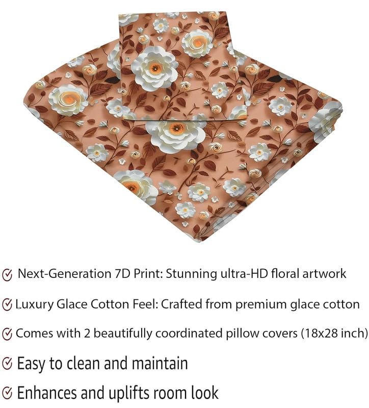 Image of 250 TC Premium 7D Printed Cotton Feel Elastic Fitted Double King Size Bedsheet with 2 Pillow Covers 78 inch x 72 inch Fits up to 6-Inch Mattress Brown