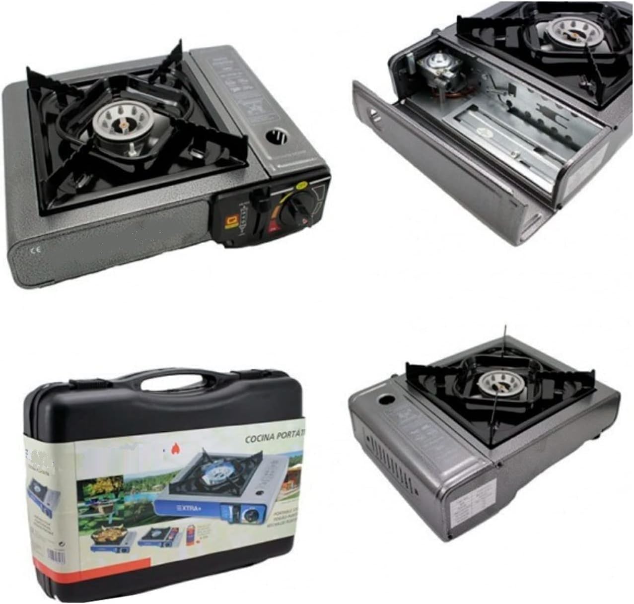 Camping Gas Portatil con Bombonas, GAS 4 BOTELLAS +MALETÍN ESTUFA CAMPING +1 MECHERO DE COCINA, MALETÍN ESTUFA CAMPING, Portátil, Cocinal, Infernillo, Fogareiro
