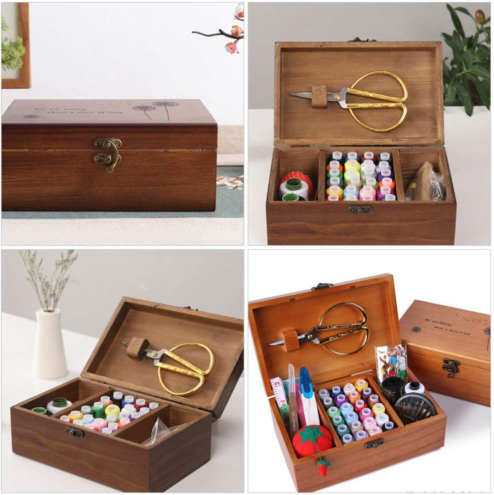 Retro Style Wooden Sewing Box Storage for Scissors Thread Embellishments Home Decor