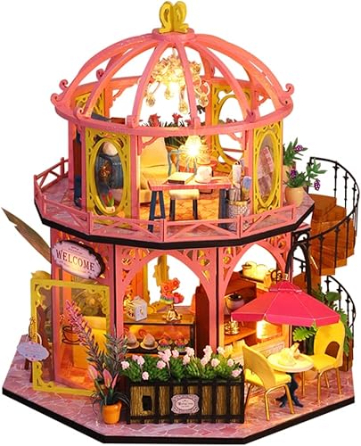 Casa de muñecas en miniatura hecha a mano de madera, kit de bricolaje, modelos de arquitectura con luz LED, a prueba de polvo y obras de arte