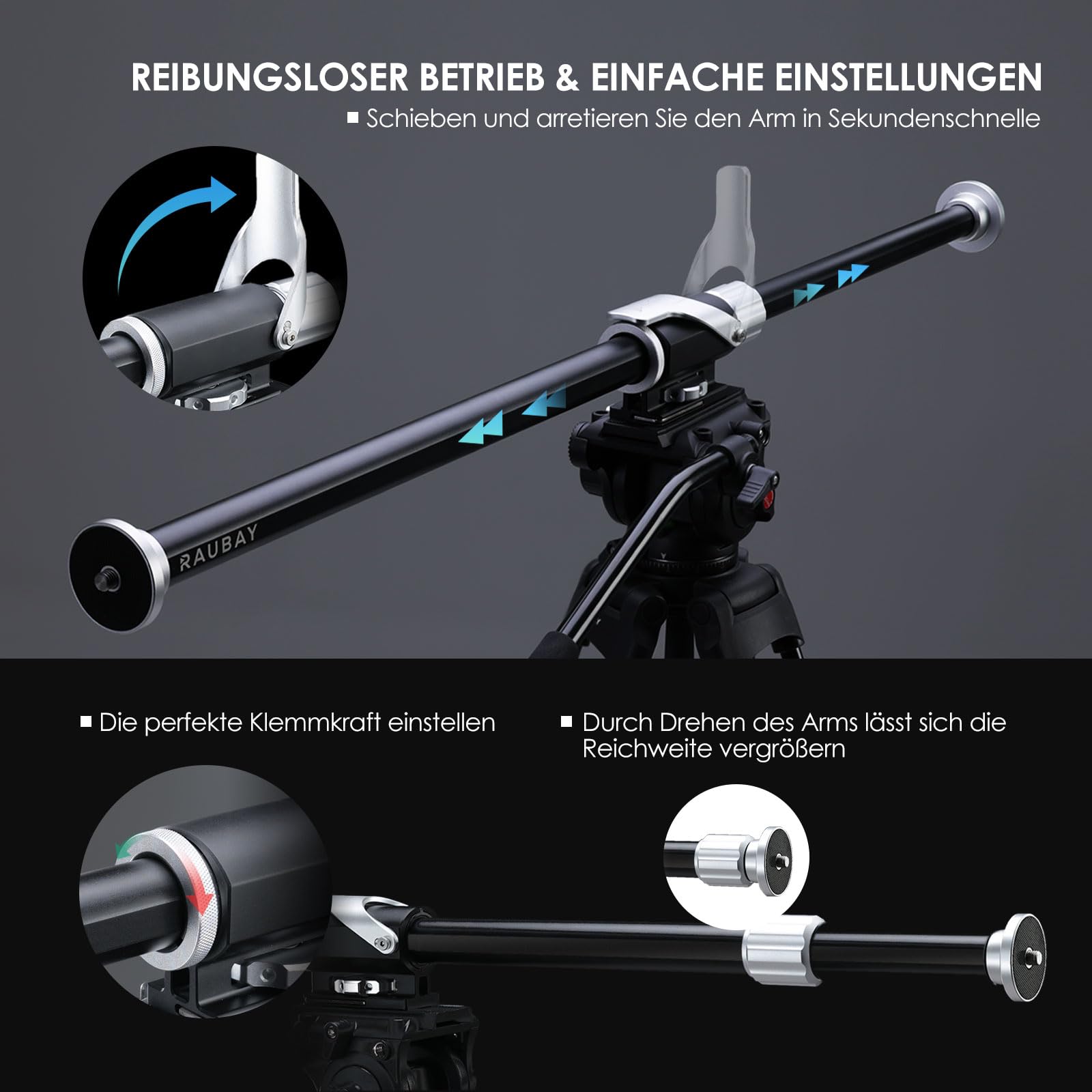 RAUBAY Stativ-Verlängerungsarm, Fester horizontaler Ausleger für Overhead- & Top-Down-Aufnahmen, Robustes Aluminium, 1/4" & 3/8" Anschluss, 66–102 cm verstellbar für Kamera & Licht TE01