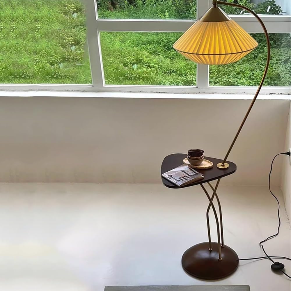 Lampa podłogowa, Lampa podłogowa Mid Century Arc z półkami i drewnianą podstawą, oświetlenie w stylu rustykalnym do salonu