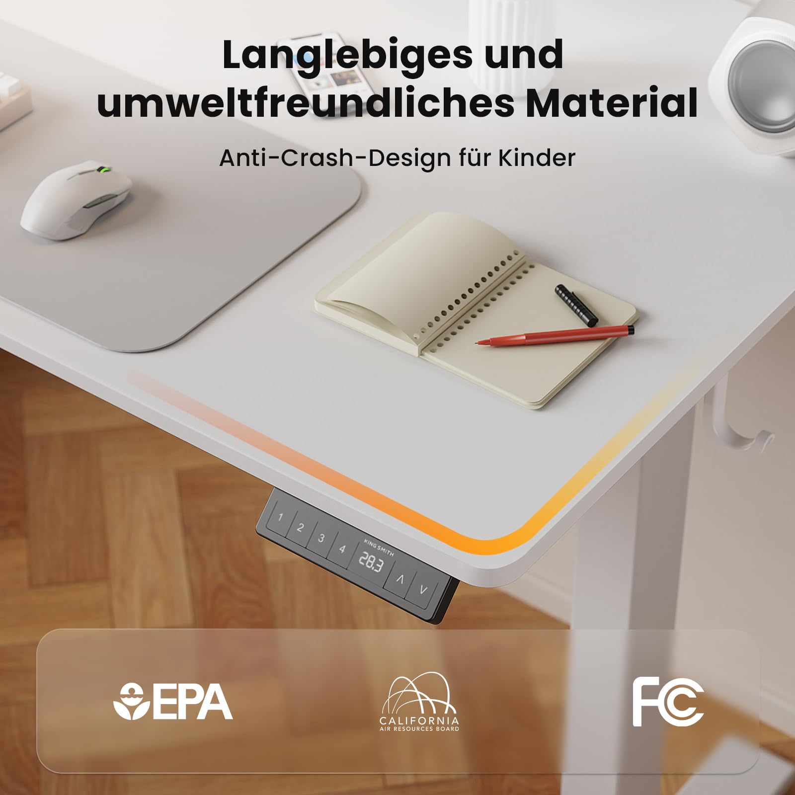 WALKINGDESK Höhenverstellbarer Schreibtisch 120 x 60 cm, Weiß | Elektrischer Stehschreibtisch, 4 Speicherpositionen, Zweiteilige Tischplatte, Computertisch mit 2 Haken für Homeoffice
