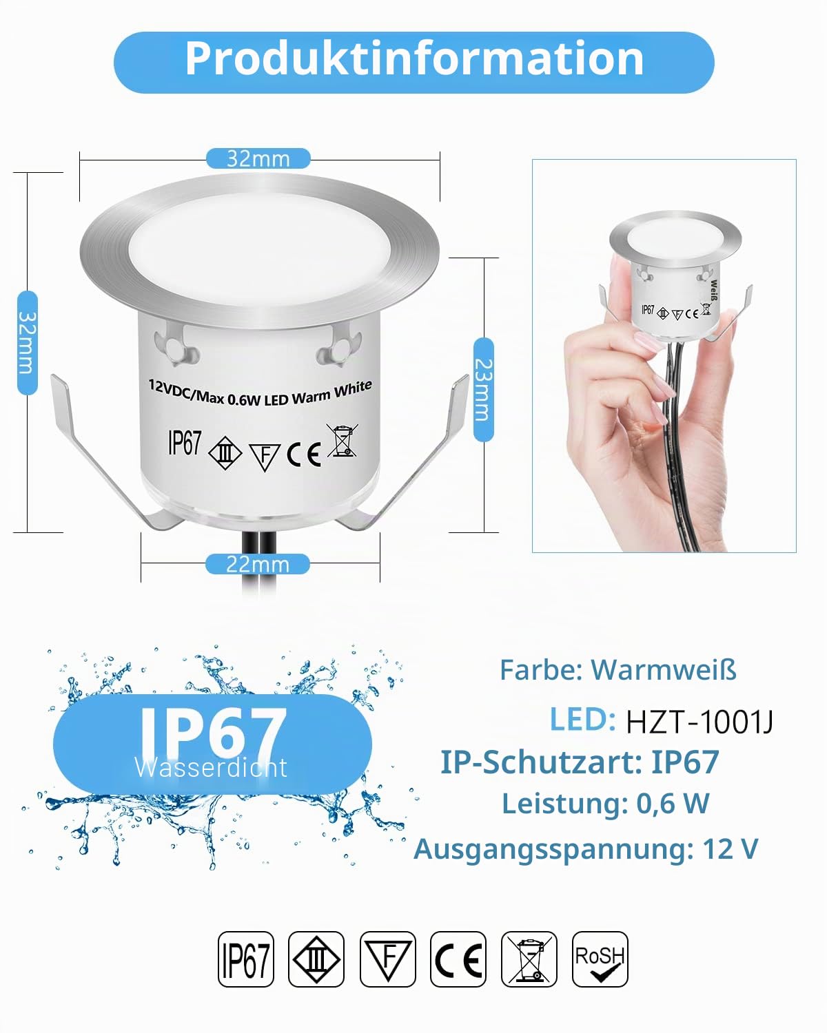 HIBOITEC 16er Set Terrassen Einbaustrahler LED Aussen, LED Einbaustrahler IP67 wasserdicht, 0.6W LEDs Bodeneinbauleuchten für Küche Garten Gehweg Holzbrücke kaltweiß