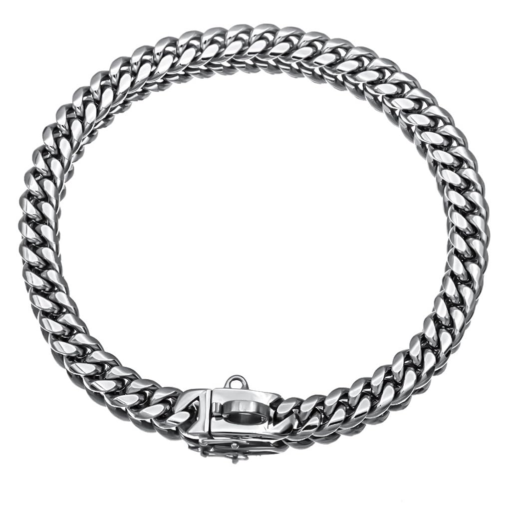 GDJGNUDK Dog Chain Collars, 14mm Width Diamond Cuban Link Dog Collar, Gold Chain Dog Collar With Secure Buckle, Dog Necklace Metal Cat Chain for Medium Large Dogs Cats for Strong Dog(Silver,16in)