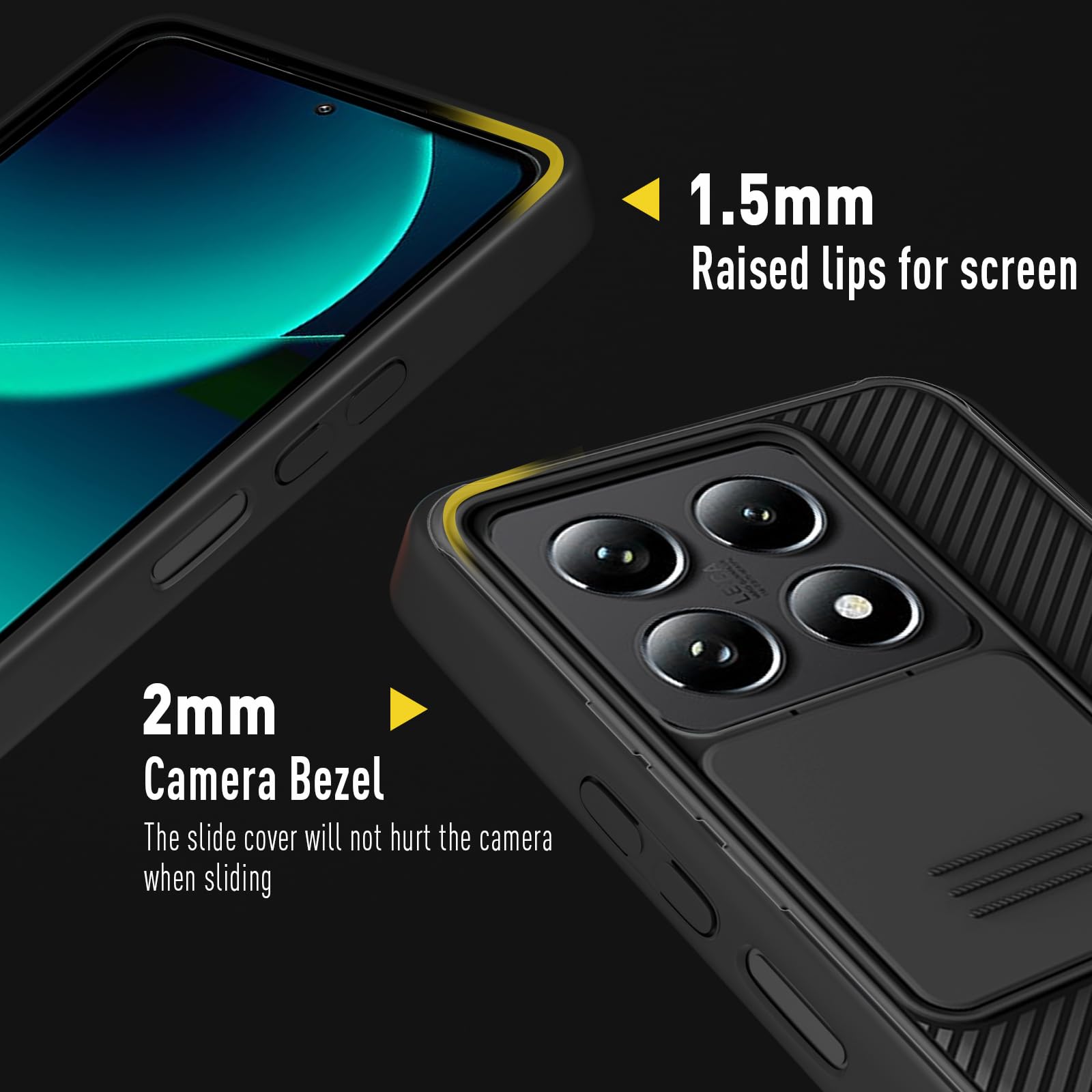 KUSINHOKA Cover per Xiaomi 14T Pro 5G con 2 Pezzi Pellicola Vetro Temperato, [Protezione Fotocamera Slide] Anti-Graffio Custodia con Staffa, Case in Silicone e PC Protettiva Cover, Nero
