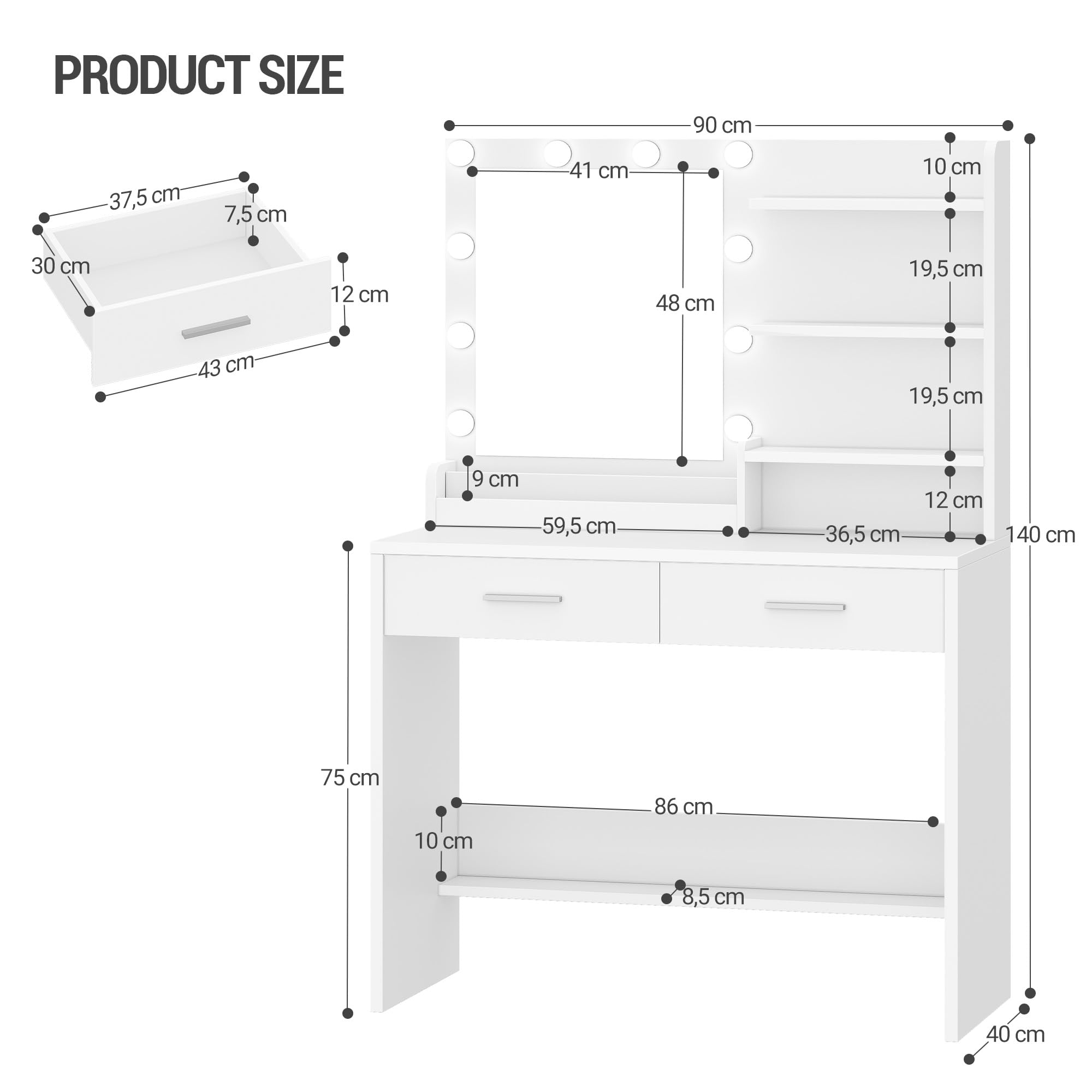Hzuaneri 90 cm Toeletta da Trucco con Illuminazione a LED, Toeletta da Trucco con specchio, 3 livelli di luminosità, 2 cassetti, 4 ripiani aperti e 2 scomparti, moderna, Bianca DT42703XEU