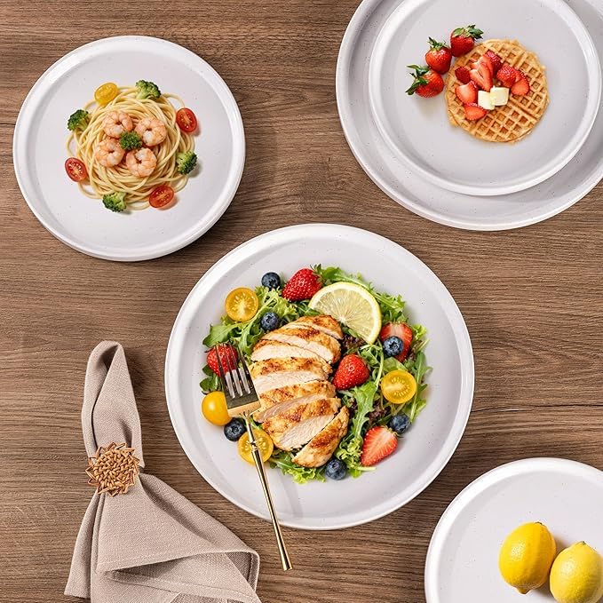 Image of AmorArc Ceramic Dinnerware Set for 8 | Speckled Stoneware Plates and Bowls with Rustic Terracotta Underside| Scratch Resistant,Dishwasher & Microwave Safe Dishes Sets- 24pcs White
