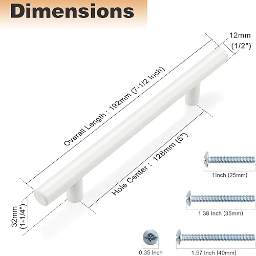 Miniatura 4 de Probrico Paquete de 10 tiradores blancos para gabinete de cocina de 5 pulgadas, estilo europeo, manijas de barra en T para armario, accesorios